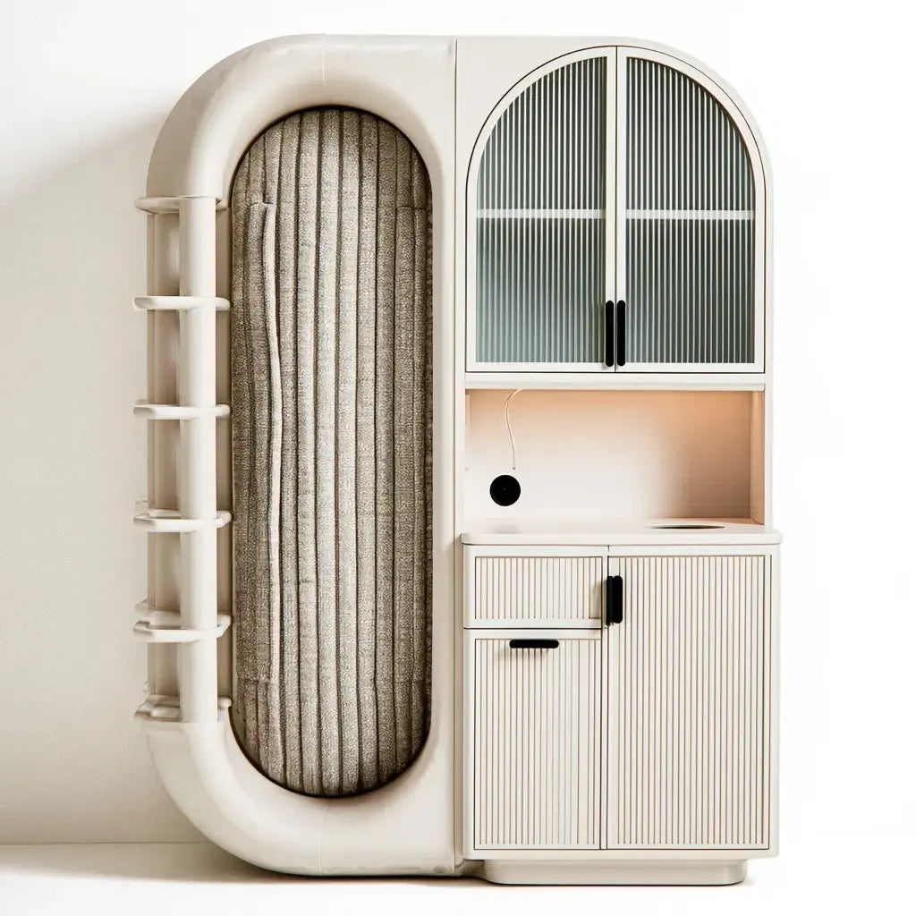 Aparador con puerta ovalada y nichos abiertos - beige