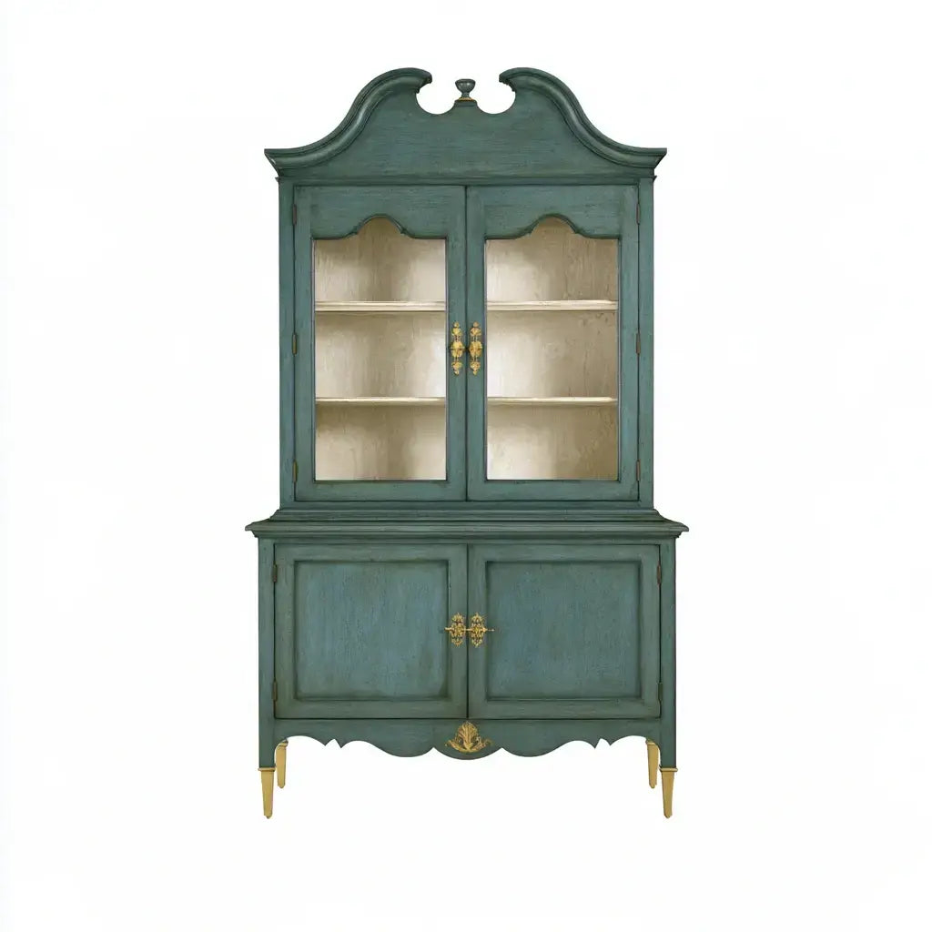 Vitrina con remate ornamental y patas curvas - verde