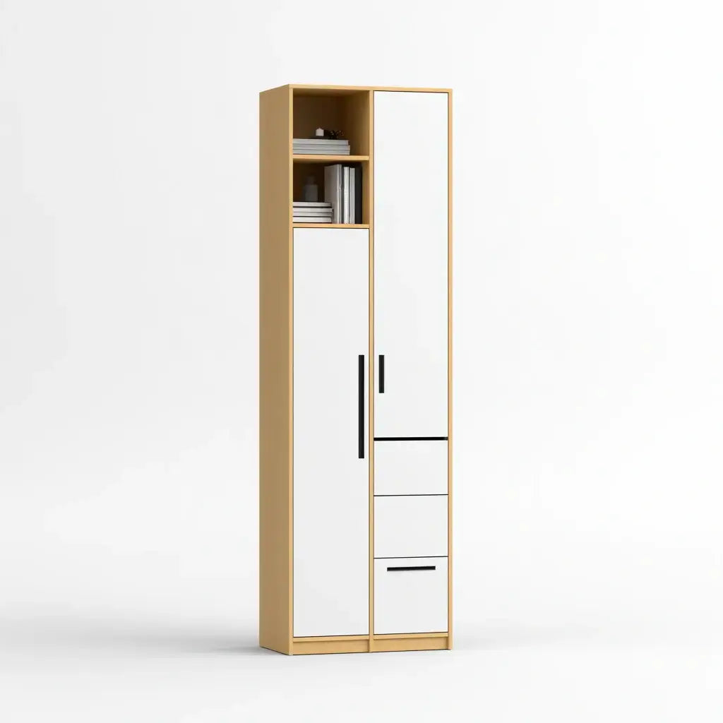 Armario estrecho con estantes y cajones - beige/blanco