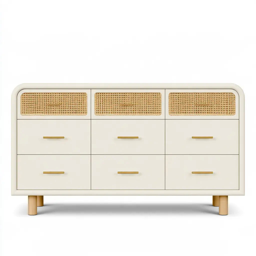 Cómoda con cajones anchos y paneles de rejilla - blanco/beige