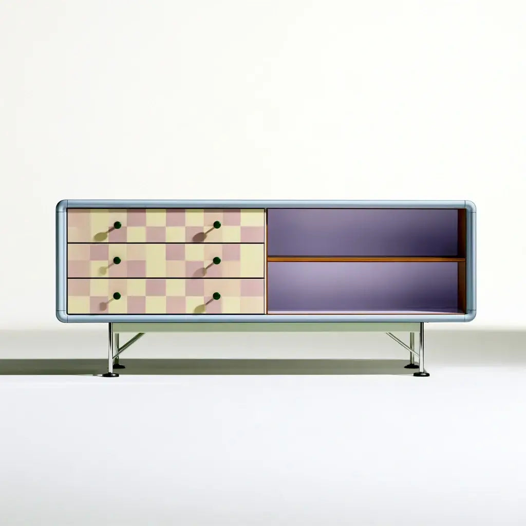 Aparador con cajones estampados y nichos laterales - beige/morado