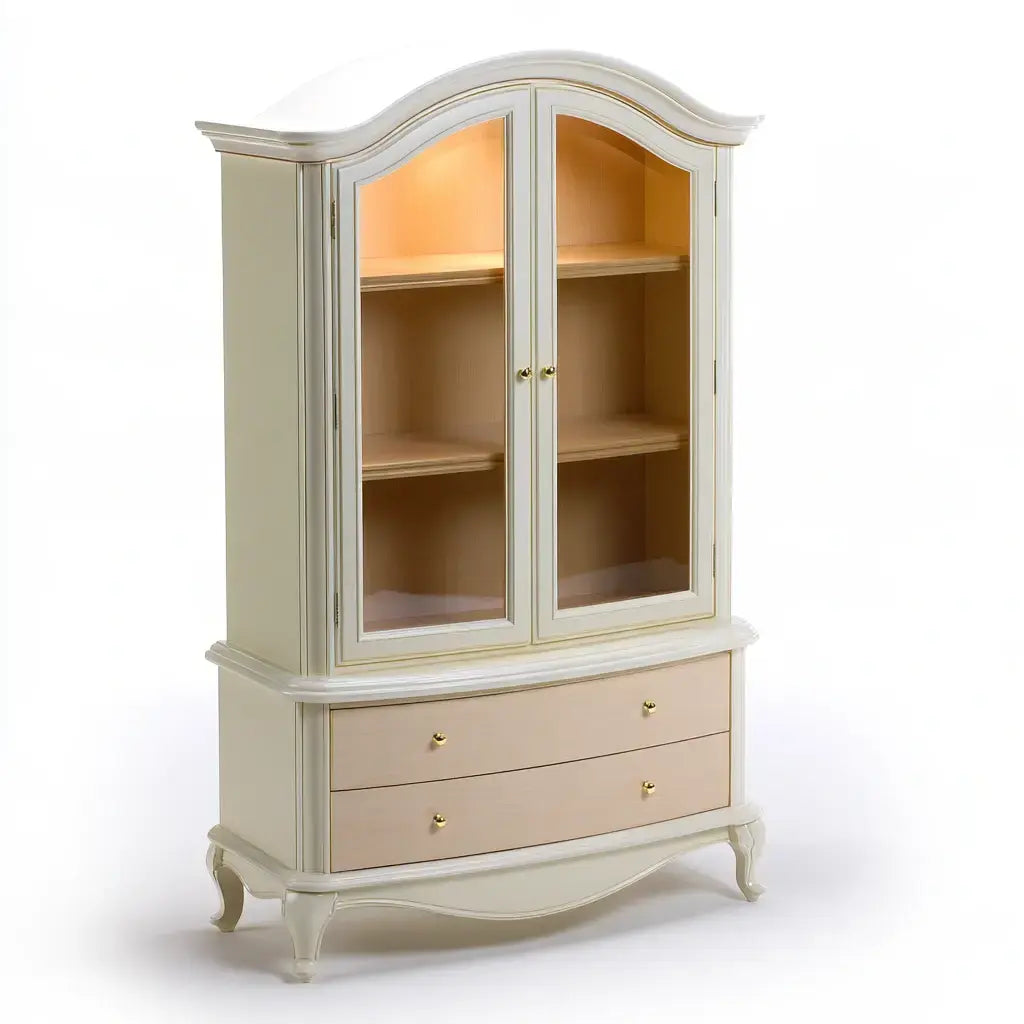 Vitrina con remate curvo y cajones bajos - beige